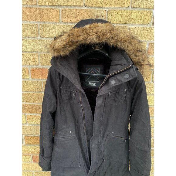 TNA Verbier Parka Jacket XS Black Fur Trim Coat - Picture 6 of 7